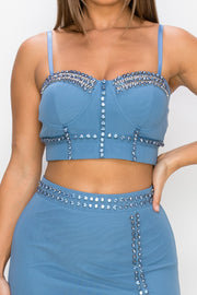 Studded Stone Cami Top & Slit Mini Skirts Set - Spicy and Sexy