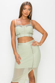 Studded Stone Cami Top & Slit Mini Skirts Set - Spicy and Sexy
