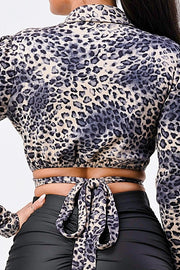 Sexy Animal Print Collared Back-Tie Wrap Top - Spicy and Sexy