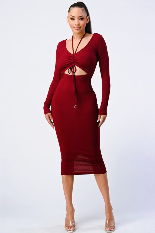 Trendy Front Shirring Cut-Out Long Sleeved Dress - Spicy and Sexy