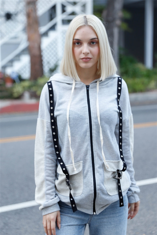 Belt & Reversed Details Zip-Up Hooded Sweater - Spicy and Sexy
