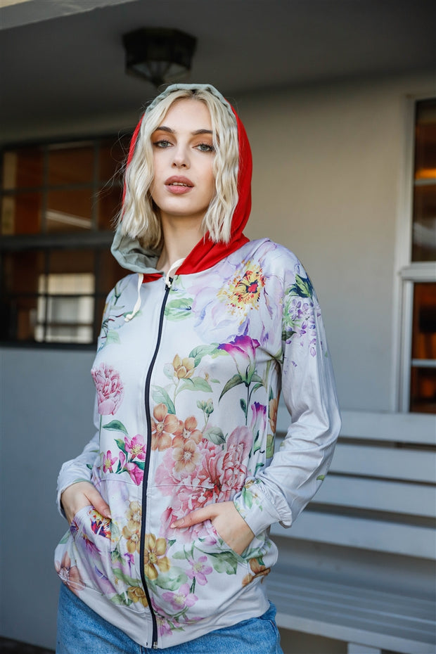 Grey Pink Flower Print Contrast Double Hood Sweater - Spicy and Sexy