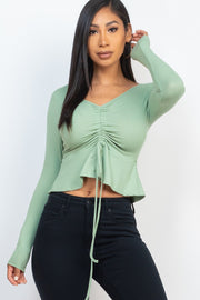 Ribbed Drawstring Front Long Sleeve Peplum Top - Spicy and Sexy