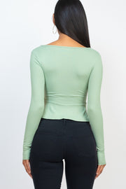 Ribbed Drawstring Front Long Sleeve Peplum Top - Spicy and Sexy
