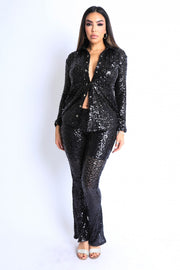 Sequin Button Down Shirt And Pant Set - Spicy and Sexy
