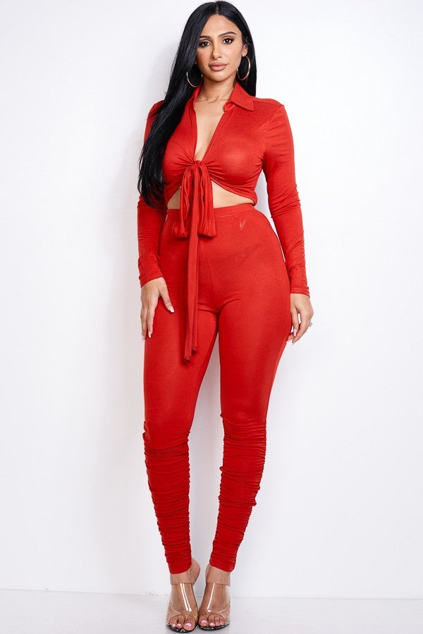 Solid Heavy Rayon Spandex Collared Tie Front Top And Ruched Pants Two Piece Set - Spicy and Sexy
