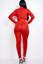 Solid Heavy Rayon Spandex Collared Tie Front Top And Ruched Pants Two Piece Set - Spicy and Sexy