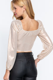 Long Sleeve Ruched Metallic Knit Top - Spicy and Sexy