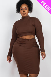 Plus Size Ribbed Mock Neck Crop Top & Midi Skirt Set - Spicy and Sexy