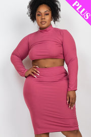 Plus Size Ribbed Mock Neck Crop Top & Midi Skirt Set - Spicy and Sexy