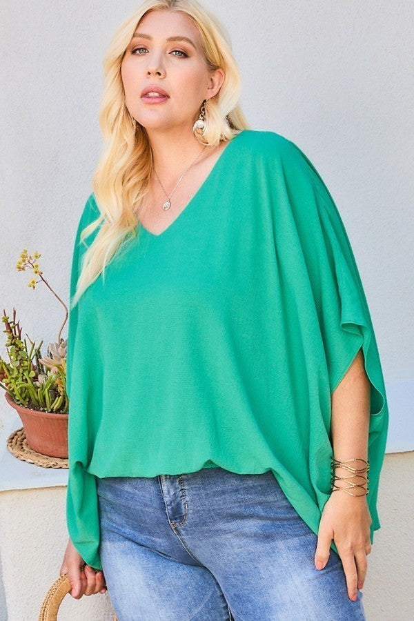 V Neck Dolman Sleeves Front Waist Elastic Solid Top - Spicy and Sexy