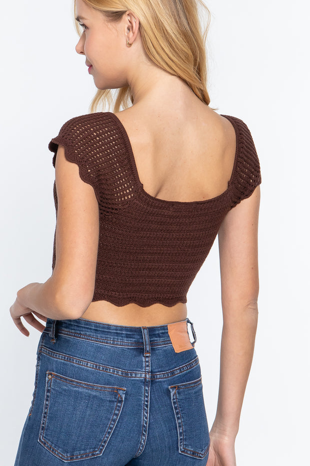 Short Sleeve V-Neck Front Knot Detail Sweater Knit Crop Top - Spicy and Sexy