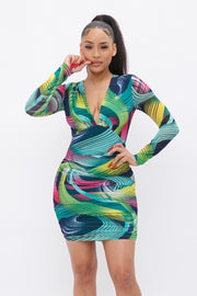 Long Sleeve Printed V-Neck Dress - Spicy and Sexy