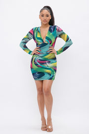 Long Sleeve Printed V-Neck Dress - Spicy and Sexy