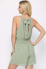 Textured Woven And Smocking Waist Romper With Back Open And Tie - Spicy and Sexy
