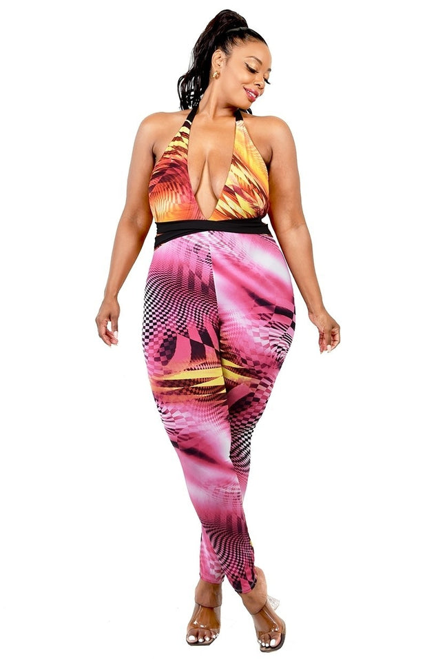 Plus Color Pattern Criss Cross Mock Neck Jumpsuit - Spicy and Sexy