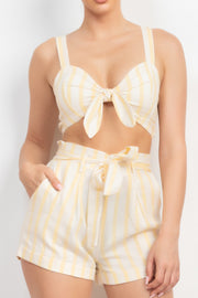 Tie-Front Striped Crop Top & Belted Shorts Set - Spicy and Sexy