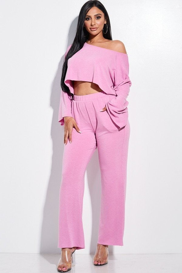 Solid French Terry Long Slouchy Long Sleeve Top And Pants With Pockets Two Piece Set - Spicy and Sexy