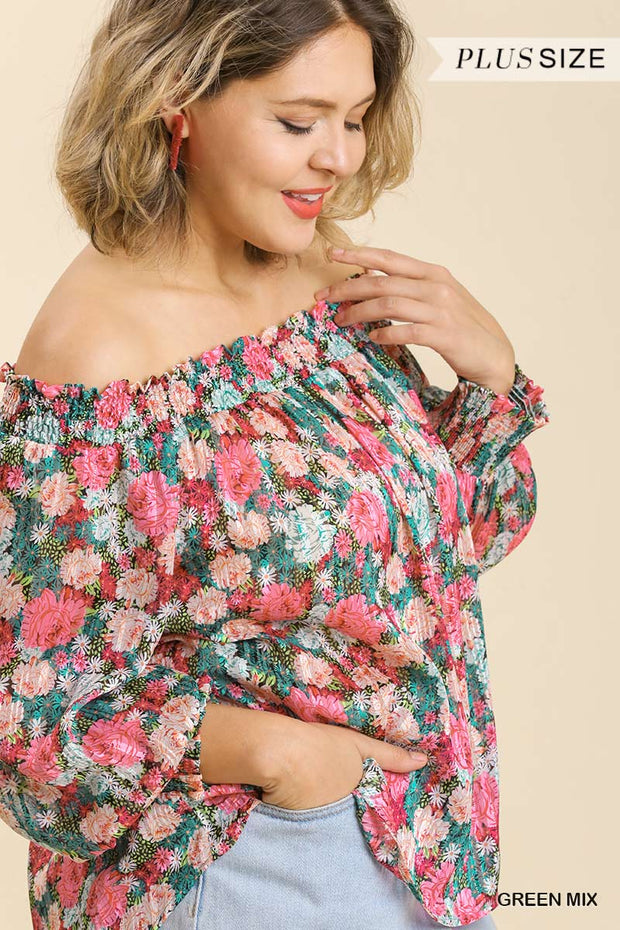 Sheer Floral Print Metallic Threading Long Sleeve Off Shoulder Top With High Low Hem - Spicy and Sexy