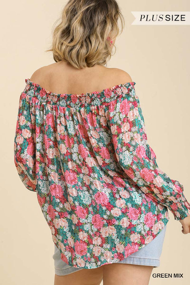 Sheer Floral Print Metallic Threading Long Sleeve Off Shoulder Top With High Low Hem - Spicy and Sexy
