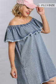 Off Shoulder Ruffled Denim Dress With Frayed Hem & Pockets - Spicy and Sexy