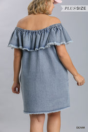 Off Shoulder Ruffled Denim Dress With Frayed Hem & Pockets - Spicy and Sexy