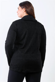 Plus Black Lurex Draped Collar Side Zip Up Lightweight Jacket (Plus Size)