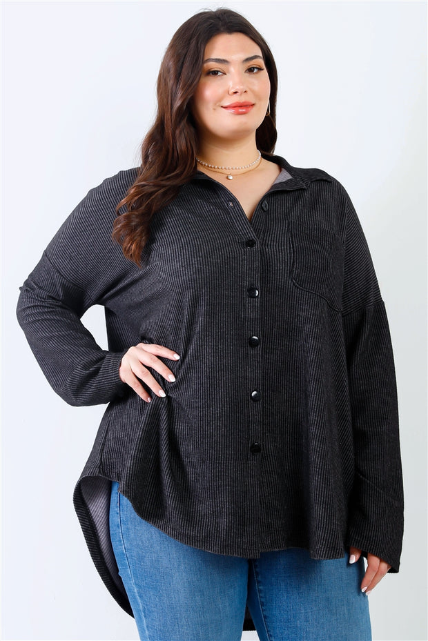 Plus Black Ribbed Collared Button Up Shirt Top (Plus Size)