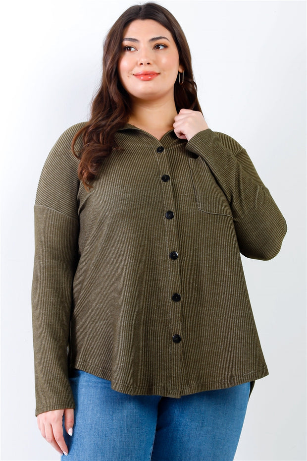 Plus Black Ribbed Collared Button Up Shirt Top (Plus Size)