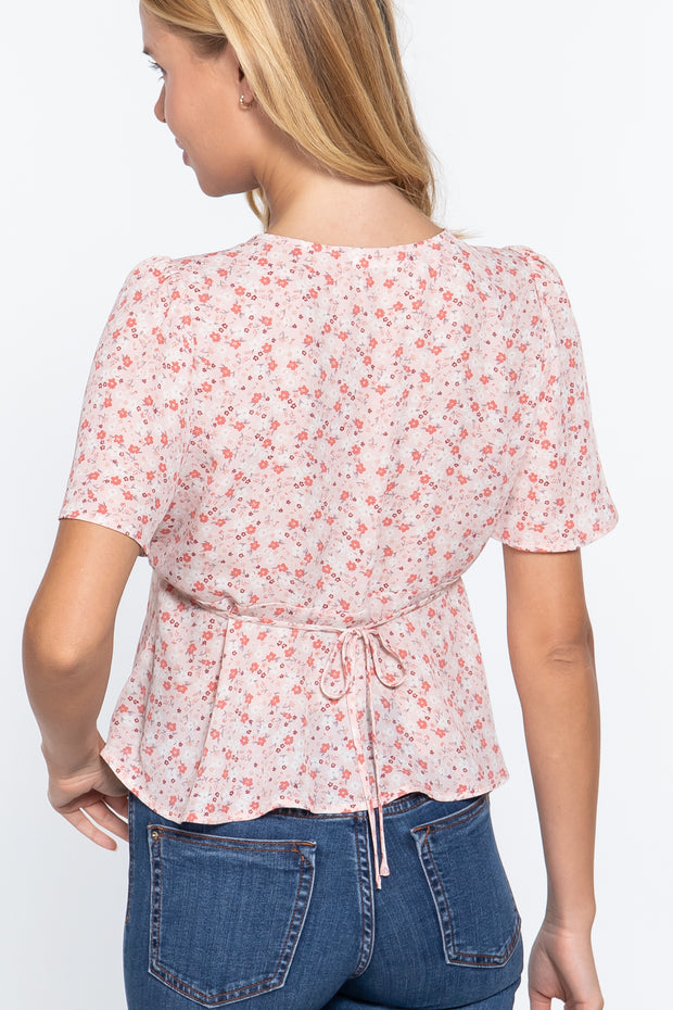 Ruffle Sleeve With Back Tie Print Woven Top
