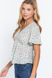 Ruffle Sleeve With Back Tie Print Woven Top