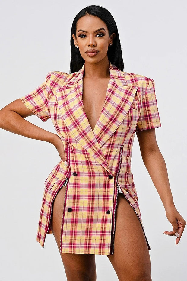 Wide Collared Double Breasted Plaid Blazer Mini Dress - Spicy and Sexy