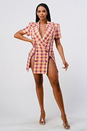 Wide Collared Double Breasted Plaid Blazer Mini Dress - Spicy and Sexy