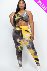 Plus Adjustable Ruched Crop Top And Leggings Set (Plus Size)