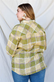 Plus Lime Cotton & Linen Blend Textured Plaid Shirt Top (Plus Size)