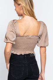 Elbow Sleeve Straight Neck Smocking With Ruffle Detail Woven Top