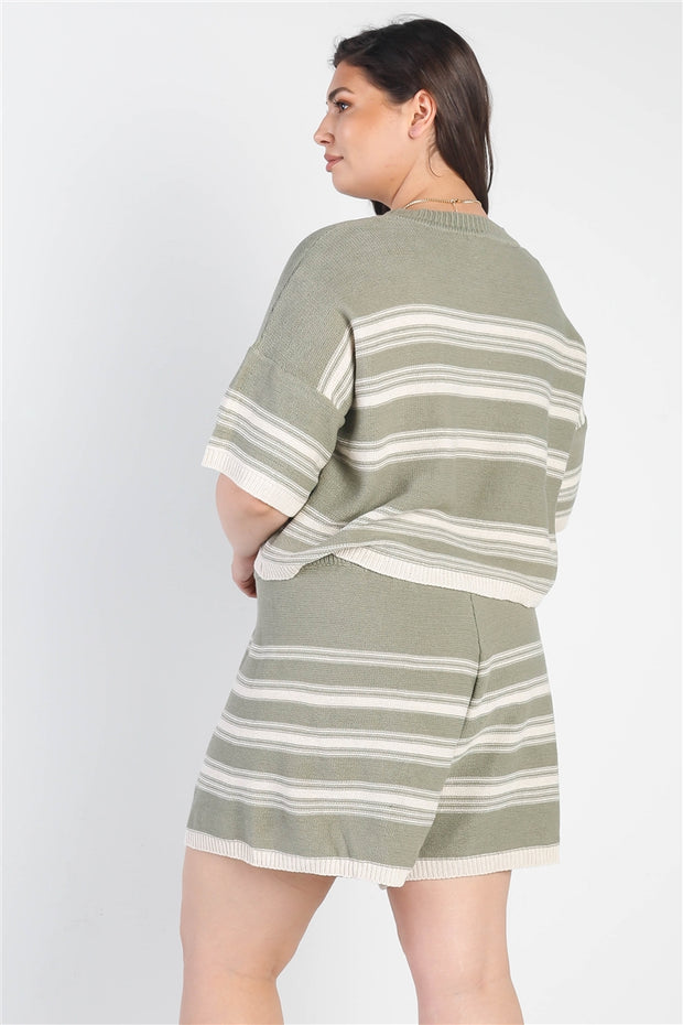 Plus Olive Striped Knit Short Sleeve Crop Top High Waist Shorts Set (Plus Size)