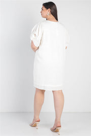 Plus White Bow Detail Short Sleeve V-neck Mini Dress (Plus Size)