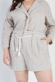 Plus Grey Button-up Collared Neck Blazer High Waist Shorts Set (Plus Size)