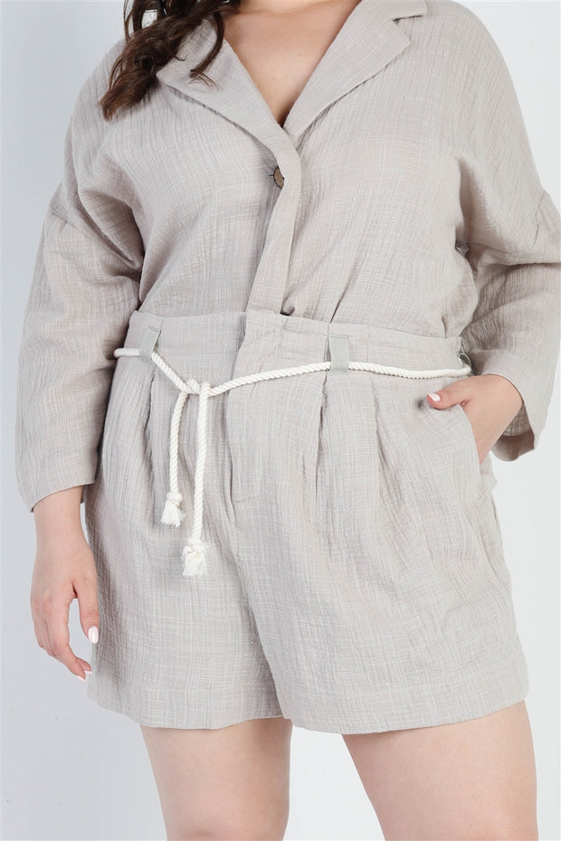 Plus Grey Button-up Collared Neck Blazer High Waist Shorts Set (Plus Size)