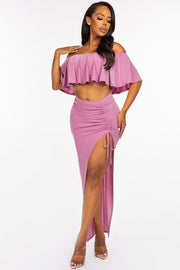 Solid Off The Shoulder Ruffled Cropped Top And Ruched Maxi Skirt Two Piece Set - Spicy and Sexy