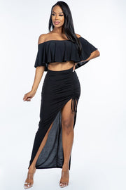 Solid Off The Shoulder Ruffled Cropped Top And Ruched Maxi Skirt Two Piece Set - Spicy and Sexy