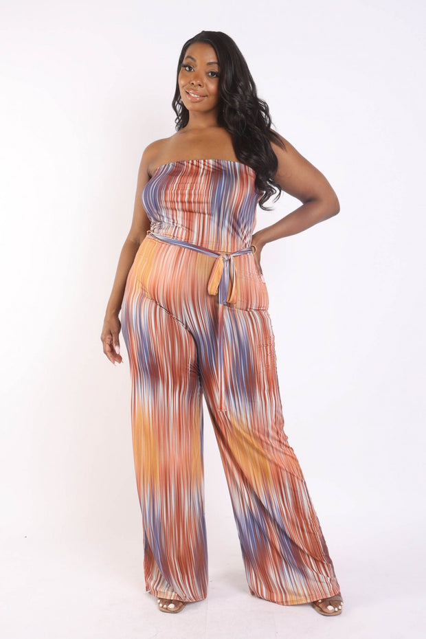 Printed Tube Jumpsuit With Self Belt (Plus Size)