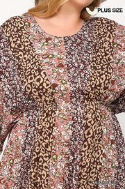 Print Mixed Dolman Sleeve Dress With Side Pockets (Plus Size)
