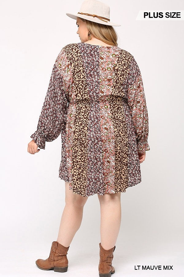 Print Mixed Dolman Sleeve Dress With Side Pockets (Plus Size)