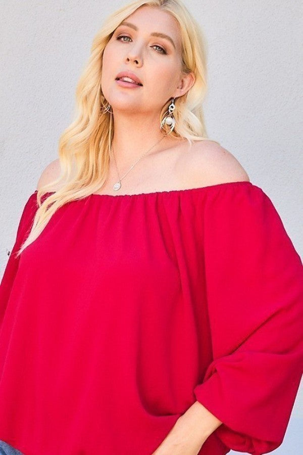 Off Shoulder Long Bubble Sleeve Solid Top (Plus Size)