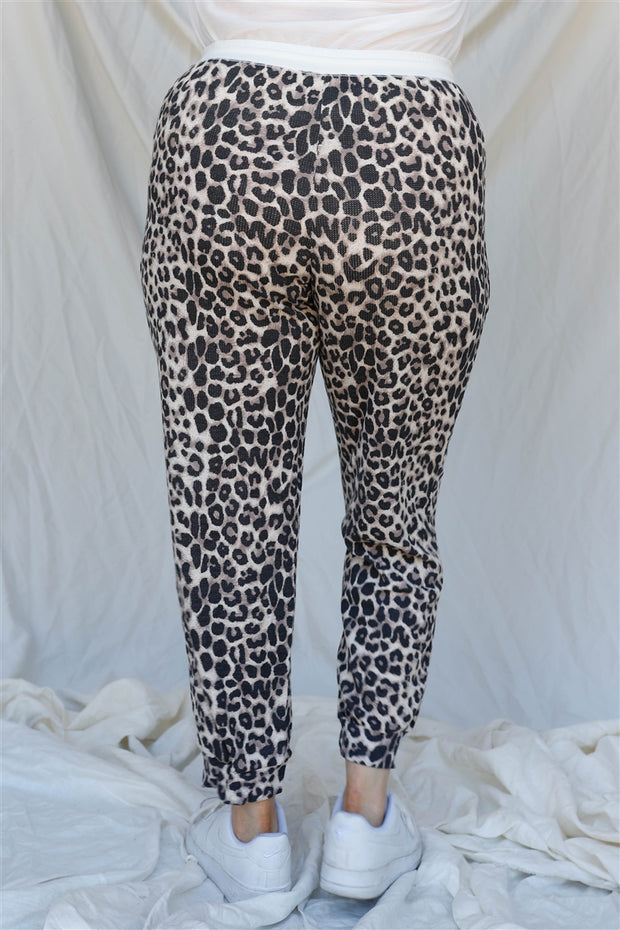 Plus Brown Leopard Print Two Pocket Joggers Pants (Plus Size)