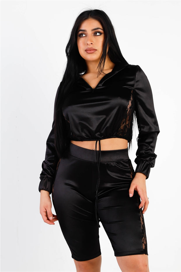 Black Satin Lace Details Long Sleeve Hooded Crop Top & Biker Short Set - Spicy and Sexy