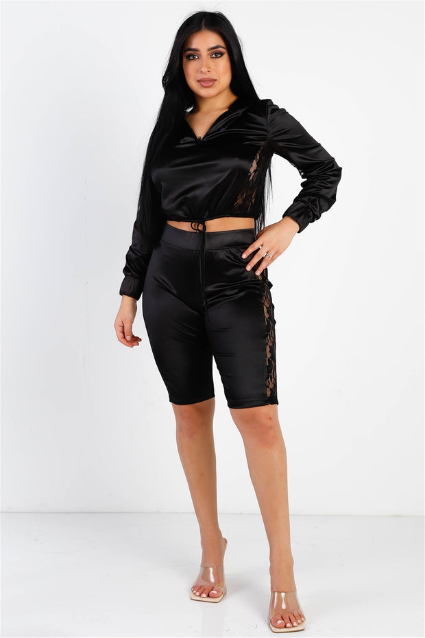 Black Satin Lace Details Long Sleeve Hooded Crop Top & Biker Short Set - Spicy and Sexy