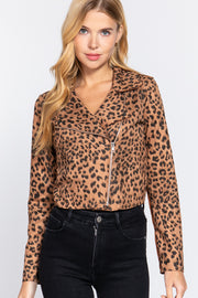 Leopard Print Faux Suede Biker Jacket - Spicy and Sexy